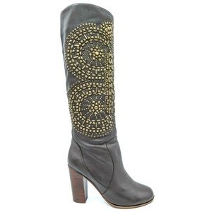 Jeffrey Campbell Fleetwood Brown Studded Leather Tall Heeled Boots Womens 9